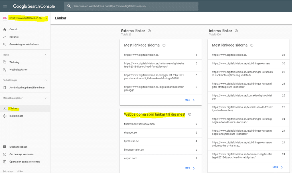 Google Search Console - Externa länkar